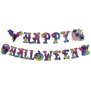Holographic Halloween banner garland with rainbow gradient letters for party decor