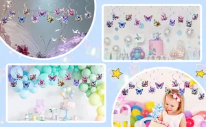 Collage of spring butterfly hanging spirals for party decorations in various scenes