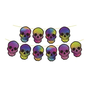 Close-up of iridescent gradient skull banner hanging decoration for Halloween parties