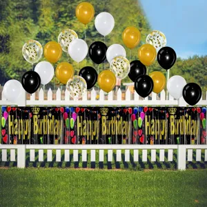 Happy Birthday party decorations with fringe curtain banner and balloon arch set