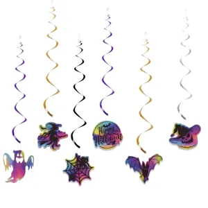 Iridescent Halloween spiral hanging decorations with ghost, bat, and pumpkin cutouts