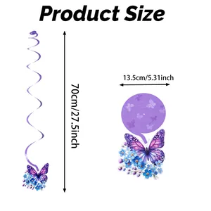 Purple butterfly spiral hanging decoration showing 27.5 inch extended length.