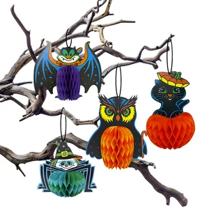 Ensemble de décorations d'Halloween en nid d'abeille avec chauve-souris et hibou.