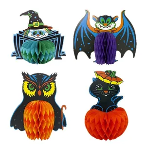 Lot de 4 décorations Halloween en papier alvéolé avec sorcière chauve-souris hibou chat