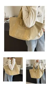 Mehrere Ansichten einer großen khakifarbenen Canvas-Tragetasche mit Stickerei für Damen