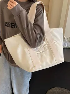 Damen Casual Canvas Tote Bag Buchstaben Gestickt Große Kapazität Schultertasche Trendige Pendler Handtasche Für Schule Reise Arbeit