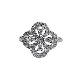Elegant silver four-leaf clover flower open ring encrusted with cubic zirconia stones