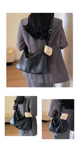 Black hobo shoulder bag for women with plush charm shown from multiple back view angles.