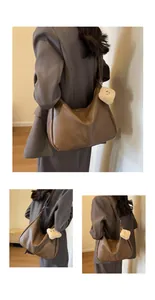 Detailed views of the large brown Maillard style tote bag paired with a grey blazer outfit.