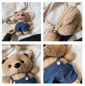 Multi-angle detail views of a cute 3D plush teddy bear crossbody bag wearing denim overalls.