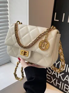 Lussuosa Borsa a Tracolla Trapuntata per Donna Borsa a Spalla in Pelle PU con Catena Dorata Classica Borsa a Tracolla Quadrata Con Chiusura in Metallo