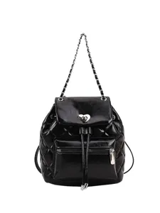 Sac à dos noir matelassé à chaîne avec serrure en cœur pour femme, tendance mode