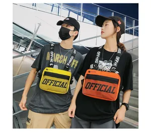 Streetwear tactical chest bags shown on male and female models for style reference.