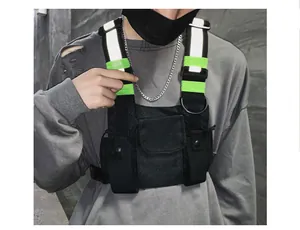Hip-hop style tactical chest rig vest with lime green accents and reflective strips for men