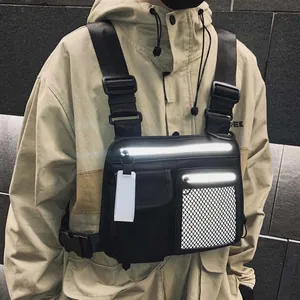 Unisex schwarze Techwear-Taktik-Brusttasche mit Reflektorstreifen und Taschen