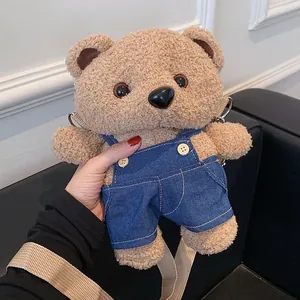 Cute plush teddy bear crossbody bag in blue denim overalls for women stylish gift