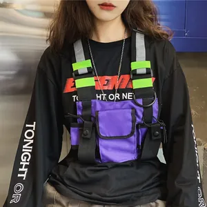 Streetwear purple tactical chest rig bag with neon green accents and reflective safety straps