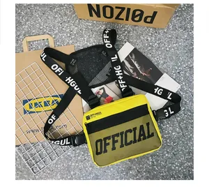 Yellow unisex tactical hip-hop chest rig bag with black mesh pocket and lettering