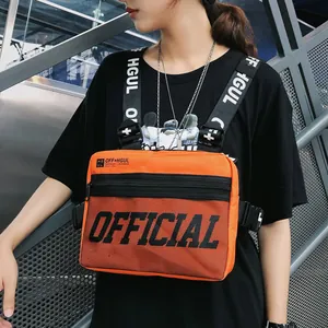 Vibrant orange hip-hop tactical chest rig bag with black mesh and OFFICIAL print