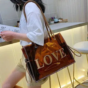 Elegante bolso tote de PVC transparente marrón con estampado LOVE y bolsa interior amarilla