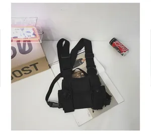 Black tactical chest rig featuring multiple pockets for streetwear functional style