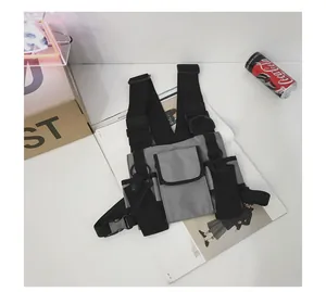 Multi-pocket tactical chest rig bag in gray and black techwear street style design