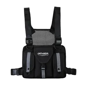 Bolso táctico de pecho hip-hop negro ajustable con tiras reflectantes y bolsillos funcionales