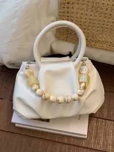 Elegant white pleated cloud handbag with decorative resin beaded top handle for women