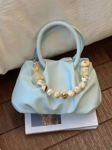 Stylish light blue pleated cloud handbag with decorative marble resin bead handle strap