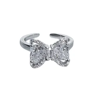 Luxury bow-shaped open ring with full diamond setting in silver finish for women
