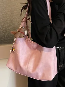Vintage μεγάλη ροζ δερμάτινη τσάντα tote για γυναίκες κομψή τσάντα ώμου μετακίνησης