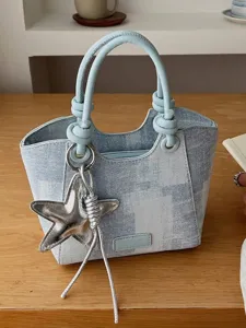 Fashionable light blue denim printed bucket handbag for women with silver star charm