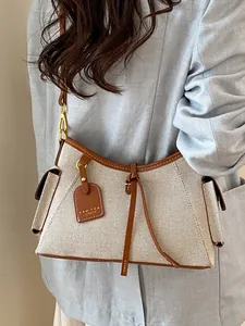 Bolso de Axila para Mujer de Gama Alta Conmutar Moda Versátil Cuero de PU Lona Patchwork Bolso de Hombro Cruzado Tote Minimalista