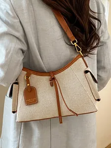 Elegante bolso de hombro de lona para mujer con ribete de cuero marrón y PAN'TOR