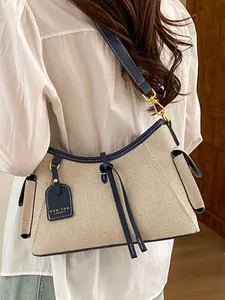 Elegante bolso hobo de lona para mujer con ribete de cuero azul marino para el diario