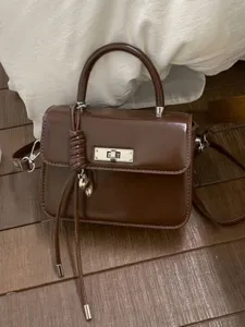 Elegant brown glossy leather small square handbag with silver twist lock and top handle