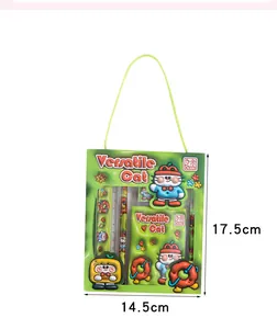 Detailed view of the green cartoon cat stationery set including pencils and ruler with dimensions