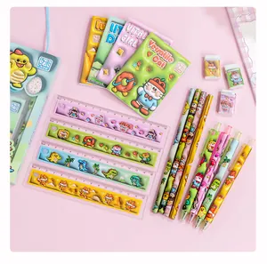 Detailed view of colorful cartoon stationery set including rulers, pens, and pencils