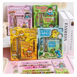 Macro detail of colorful 6-piece school stationery gift sets with cartoon characters for kids