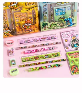 Detailed view of a colorful kids cartoon stationery set with pencils, pens, and rulers