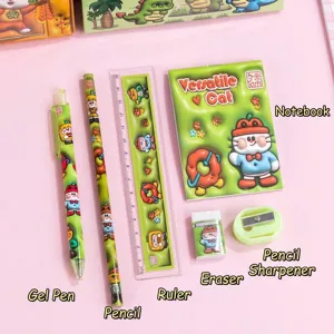 Comprehensive 6-piece cute cartoon stationery set with gel pen, pencil, and notebook