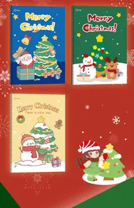 Detailed view of three cartoon Christmas A5 notebooks with festive illustrations