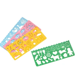 Set of colorful kids cartoon drawing stencil rulers with animal and emoji shapes