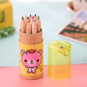 Close-up of 12-count colored pencil set in cute cartoon bear tube with sharpener lid.