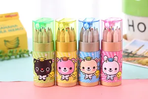 Close-up of four colorful 12-piece pencil sets with cute cartoon bear and animal designs