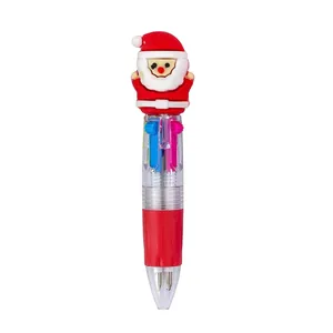 Mini Christmas 4-Color Ballpoint Pen With 3D Silicone Cartoon Santa Reindeer Topper Multicolored Retractable Pen For Student Stationery Gift