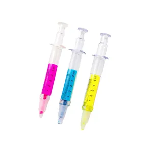 Creative syringe shaped highlighter pens set in pink blue and yellow with 5ml scale markings