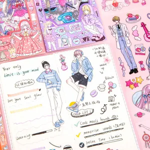 Detailed view of cute anime girl stickers applied to a creative journal page.