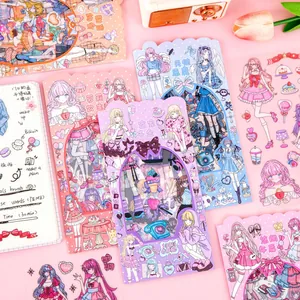 Close-up of cute anime girl dressing stickers set for DIY journal decoration and scrapbooking