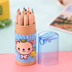 12-color short colored pencils in a cute cartoon bear tube with pencil sharpener cap
